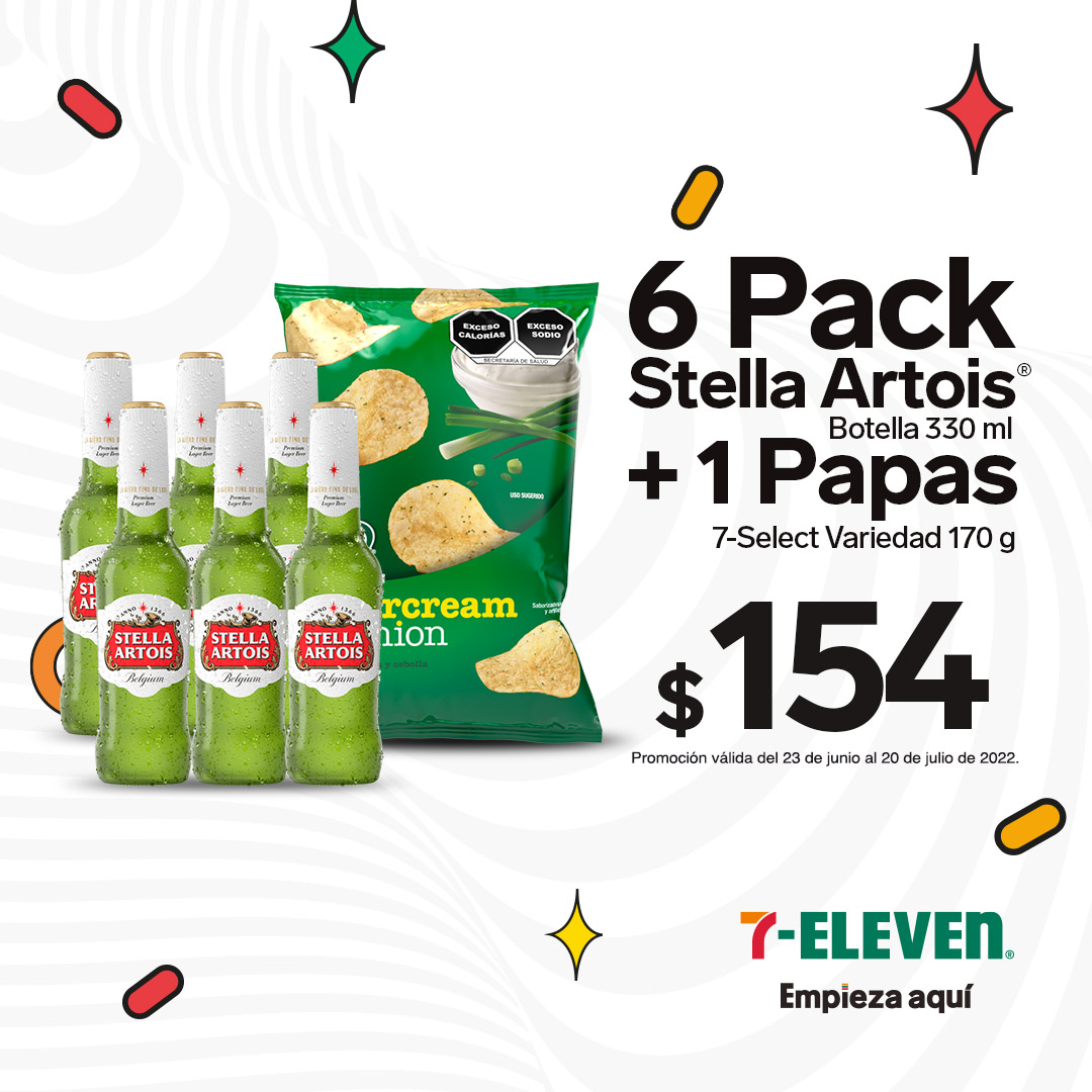 6 Pack Stella Artois + 1 Papas 7-Select por $154